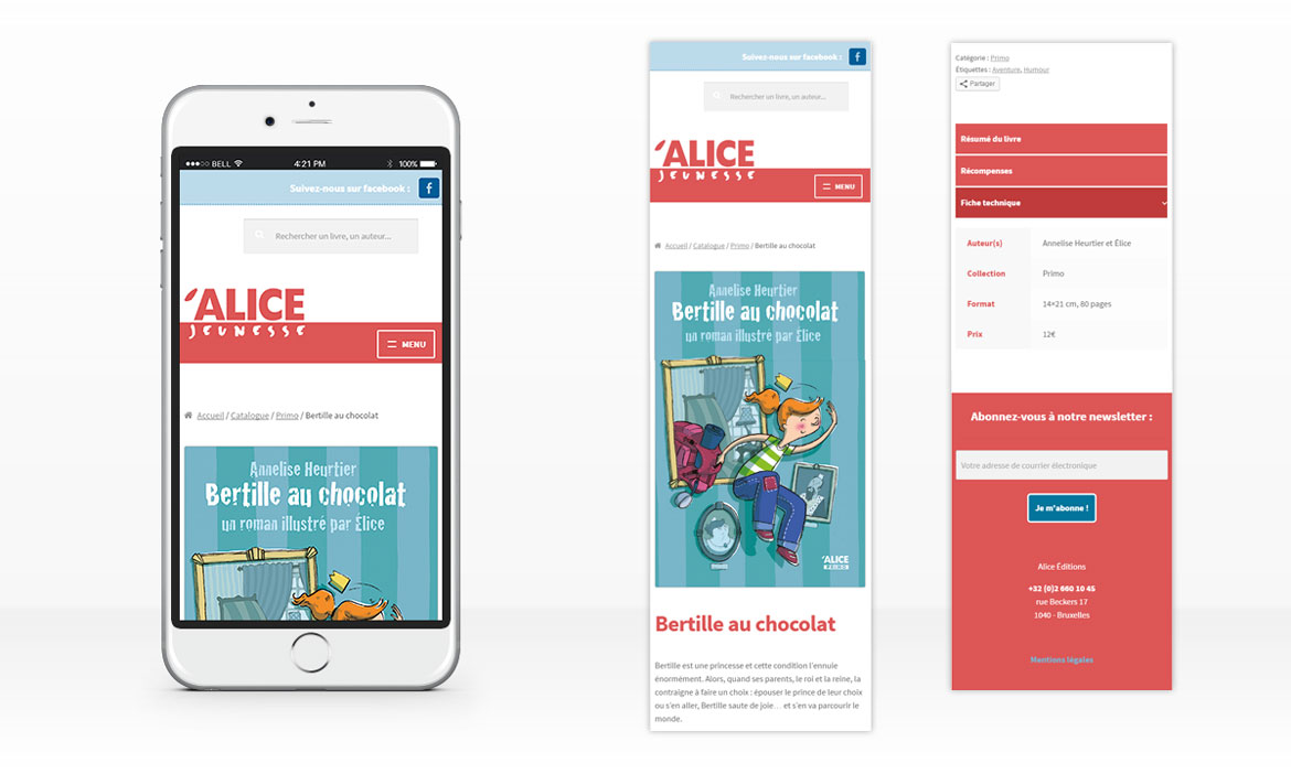 Responsive design sur une page présentant un livre sur le site d'Alice Jeunesse