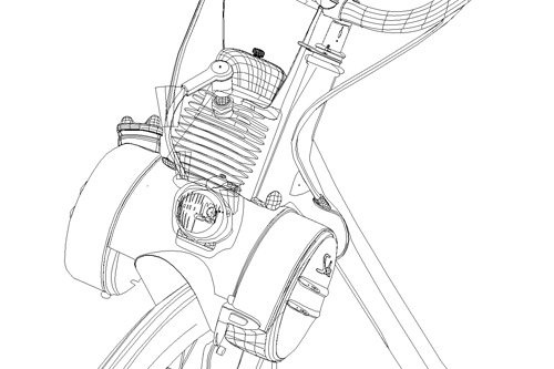 Close-up filaire du moteur du Solex